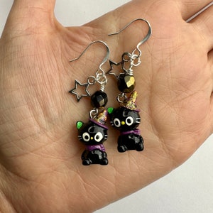 Cute Cartoon Witchy Kitty + Star Dangle Earrings | Resin Black Cat Charm + Czech Glass Beads, Halloween Drop Earrings, Silver Tone Finishes