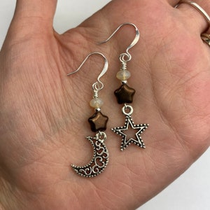 Fancy Celestial Moons + Stars Dangle Earrings | Bronze Czech Glass Stars, Moon + Star Charms Boho Style Drop Earring Silver Tone Finishes