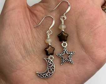Fancy Celestial Moons + Stars Dangle Earrings | Bronze Czech Glass Stars, Moon + Star Charms Boho Style Drop Earring Silver Tone Finishes