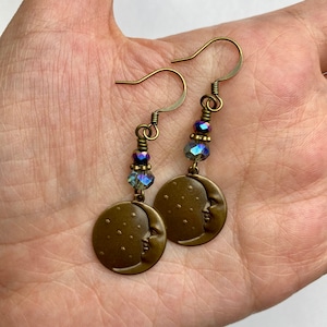 Moon + Star Charms Celestial Dangle Earrings | Astrology Lover Gifts, Blue Iridescent Czech Glass, Drop Earring, Antiqued Brass Finishes