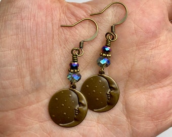 Moon + Star Charms Celestial Dangle Earrings | Astrology Lover Gifts, Blue Iridescent Czech Glass, Drop Earring, Antiqued Brass Finishes