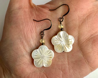 Dainty White Shell Flower Dangle Earrings | Mother of Pearl Dyed Gemstone, Long Boho Drop Earrings, Antique Brass Finishes