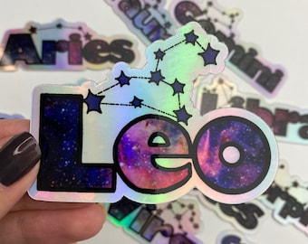 Pegatina holográfica LEO / Pegatina personalizada del zodíaco, pegatina holográfica de astrología, signo zodiacal Leo, pegatina de la constelación de Leo