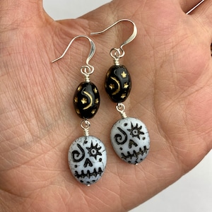 Black + White Sugar Skulls + Czech Glass Celestial Dangle Earrings | Dia de los Muertos Jewelry, Moon + Stars Earrings, Silver Tone Finishes