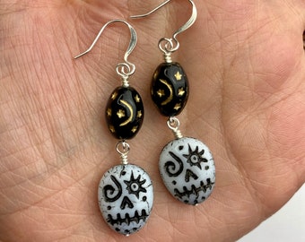 Black + White Sugar Skulls + Czech Glass Celestial Dangle Earrings | Dia de los Muertos Jewelry, Moon + Stars Earrings, Silver Tone Finishes