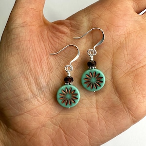 Turquoise Czech Glass Floral Circle Dangle Earrings | Turquoise + Bronze Picasso Glass Beads, Boho Style Drop Earrings, Silver Tone Finishes