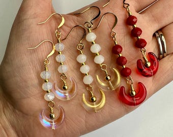 Choose your color! SailorMoon Inspired Moon Earrings | Anime Cosplay Sailor Inspired Moon Drop Earrings, Czech Glass Moon Gold Tone Finishes
