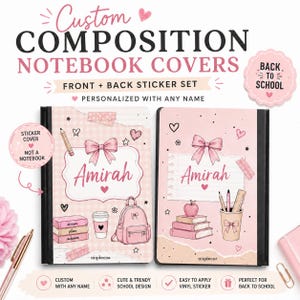 May include: Two rectangular notebook covers featuring pink and white checkered and solid backgrounds with the name Amirah printed in script. The designs include illustrations of bows, books, a backpack, a coffee cup, and school supplies.