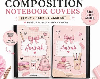 May include: Two rectangular notebook covers featuring pink and white checkered and solid backgrounds with the name Amirah printed in script. The designs include illustrations of bows, books, a backpack, a coffee cup, and school supplies.
