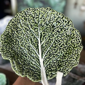 May include: A decorative ceramic plate shaped like a cabbage leaf. The plate is primarily green with a textured surface, mimicking the veins and patterns of a real leaf. A white stem forms a handle. The plate is designed for serving or display.