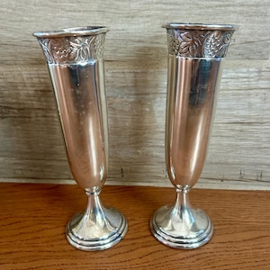 Vintage Pottery Barn Silver Plated Trumpet Bud Vases Pair, 8" Embossed Grape and Vine Motif Pedestal Flower Vases, Retired PB Table Decor