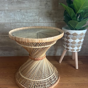Vintage rattan boho side table with glass top,  beautiful