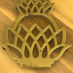 May include: A gold-coloured metal trivet shaped like a pineapple with a lattice cutout design. The object features a pointed top section and a wider base with pointed leaves extending from the sides, showing signs of minor surface oxidation.