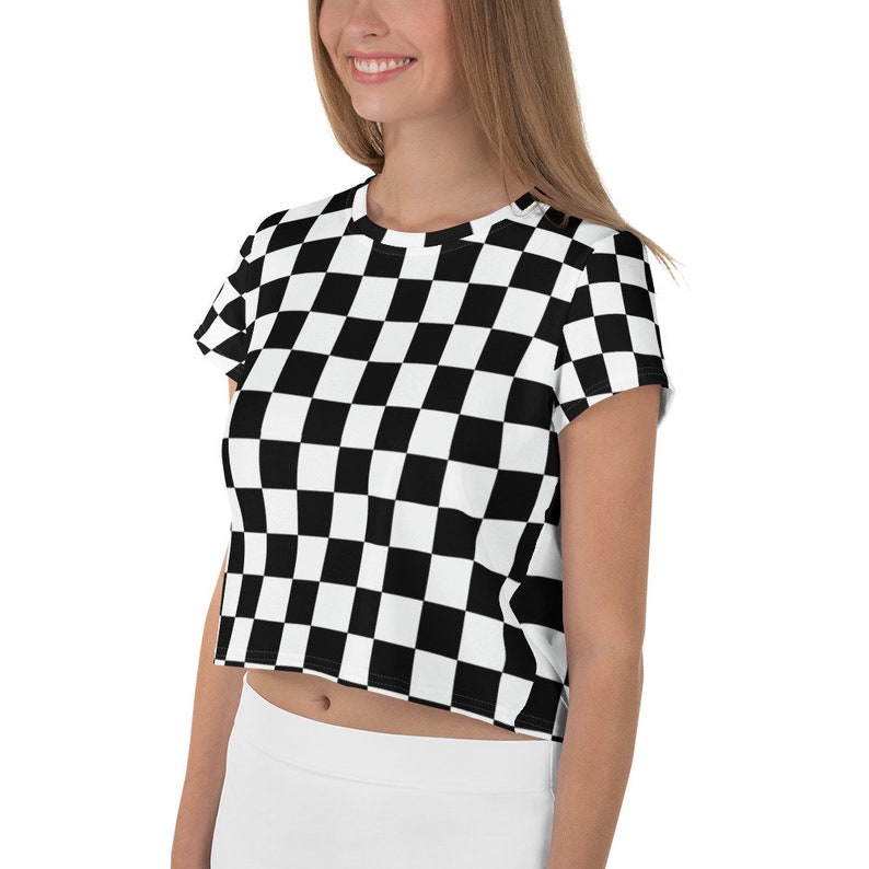 Checkered Black /& White Checkers Crop Top Athleisure Workout T-Shirt Regular to Plus Size