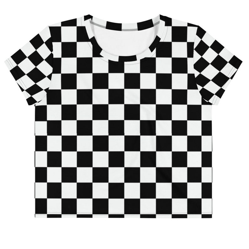 Checkered Black /& White Checkers Crop Top Athleisure Workout T-Shirt Regular to Plus Size