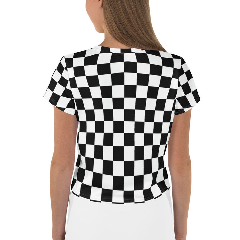 Checkered Black /& White Checkers Crop Top Athleisure Workout T-Shirt Regular to Plus Size