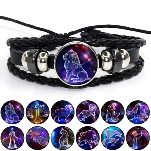Constellations Bracelet Wristband Zodiac Sign Glass Leather Friendship Bracelets Zodiac Horoscope Men Women Jewelry Wrist Gift