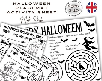 Digital Mama Hack - Halloween placemat activity sheet for kids ages 6-10yrs, Halloween worksheet, classroom, homeschool, download UK English