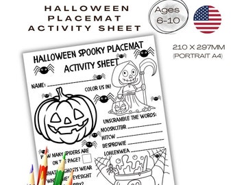 Digital Mama Hacks - Halloween activity placemat, Kids 6-10yrs, digital download activity kids, Halloween activity, homeschool US English