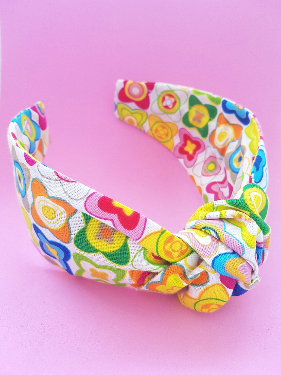 70s Retro Style Knotted Headband Yellow Flower Print Top Knot Hairband