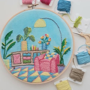Embroidery hoop, retro design. vintage needle painting gift, watercolour  background with beautiful threads and stitches.