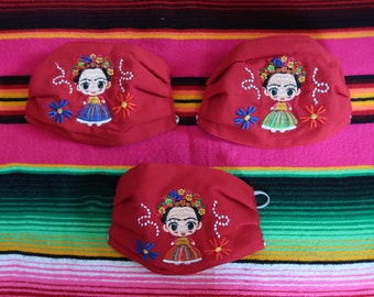 Frida Khalo Inspired Face Masks in Red, Artisanal Masks, Face Covering, Washable Face Mask, Reusable, Breathable, Made in Oaxaca