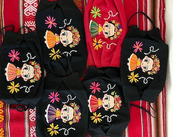 Frida-mask, broderad, ansiktsskydd, tvättbar ansiktsmask, återanvändbar, tillverkad i Oaxaca