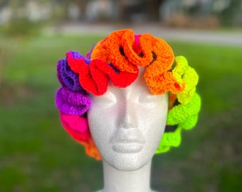 Neon Mix Crochet Ruffle Hat, Ruffle Hat, Handmade Crochet Hat,Blue Ruffle Hat
