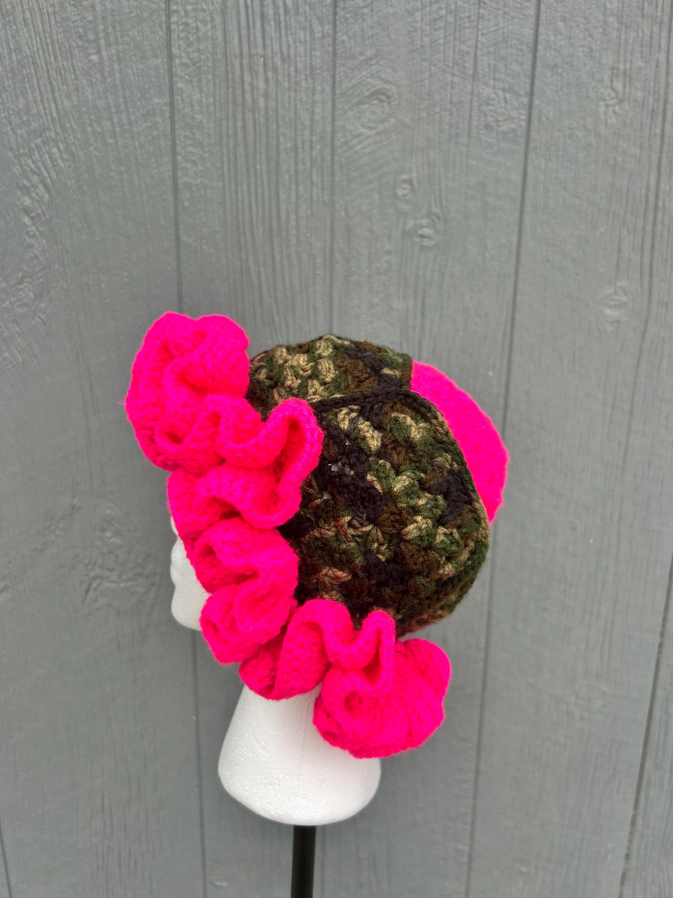 Handmade Lavender and Camo Crochet Ruffle Hat - Women Accessories Forest Stripe Ruffle Hat Crochet Tutorial | TikTok main image 2