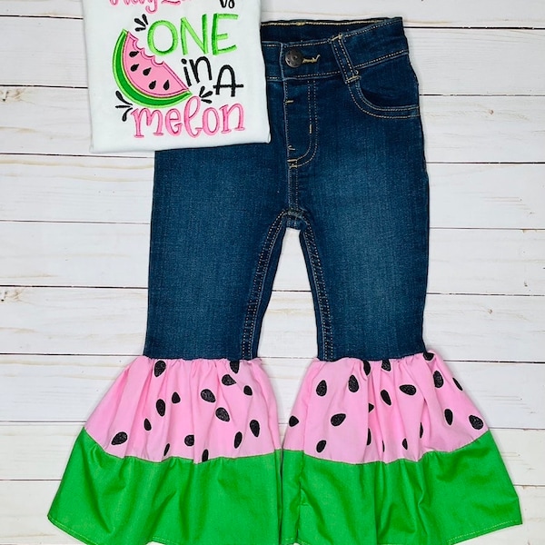 One in a melon birthday bell bottom outfit, watermelon birthday theme, birthday outfit