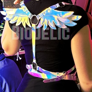 Iridescent Wings Harness. Rave Outfit. Bra Top Harness Fairy Wings. Holographic Accesories Belt. Sparkling Festival Clothing.