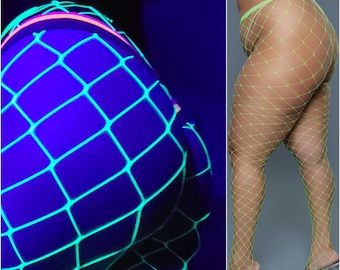 Blacklight Rave Outfit, Fluorescent Fishnet Tights Curvy, Plus Size Rave Stockings, Festival Legwear Pantyhose, Exotic Lingerie Neon Green