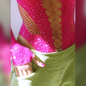 Pink Mesh Onesie Neon Rave Outfit Rhinestones UV Glow Blacklight Reactive Fishnet Bodycon Festival Exotic Dance Leotard Shorts Bodysuit