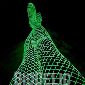 Blacklight Tights Green Mesh Pantyhose, UV Reactive Neon Glow Fishnet Tights, Rave Outfit Music Festival Clothing Mesh bottoms Hosiery