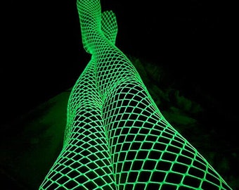 UV Reactive Neon Green Fishnet Tights, Rave Gear Pantyhose, Music Festival Clothing Fishnet, Cosplay Glowing Hosiery, Mesh stocking Net EDM