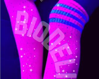 Glow in the Dark Cheerleader Socks. Pink UV Reactive Unique Socks. RAVE outfit EDM Stockings Blacklight Accessories Gift Luminous