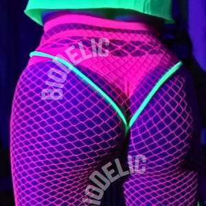 Bright PINK Fishnet Tights Bikini Thong Panty. Rave NEON mesh stockings. Rave lingerie UV reactive pantyhose blacklight Fluorescent Festival