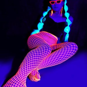 Glow ACID Fishnet Tights. Neon Layer Stockings. Rave y2k Pantyhose. Cosplay Party, Carnival Diamond Hosiery Tights UV Blacklight Fluorescent image 4