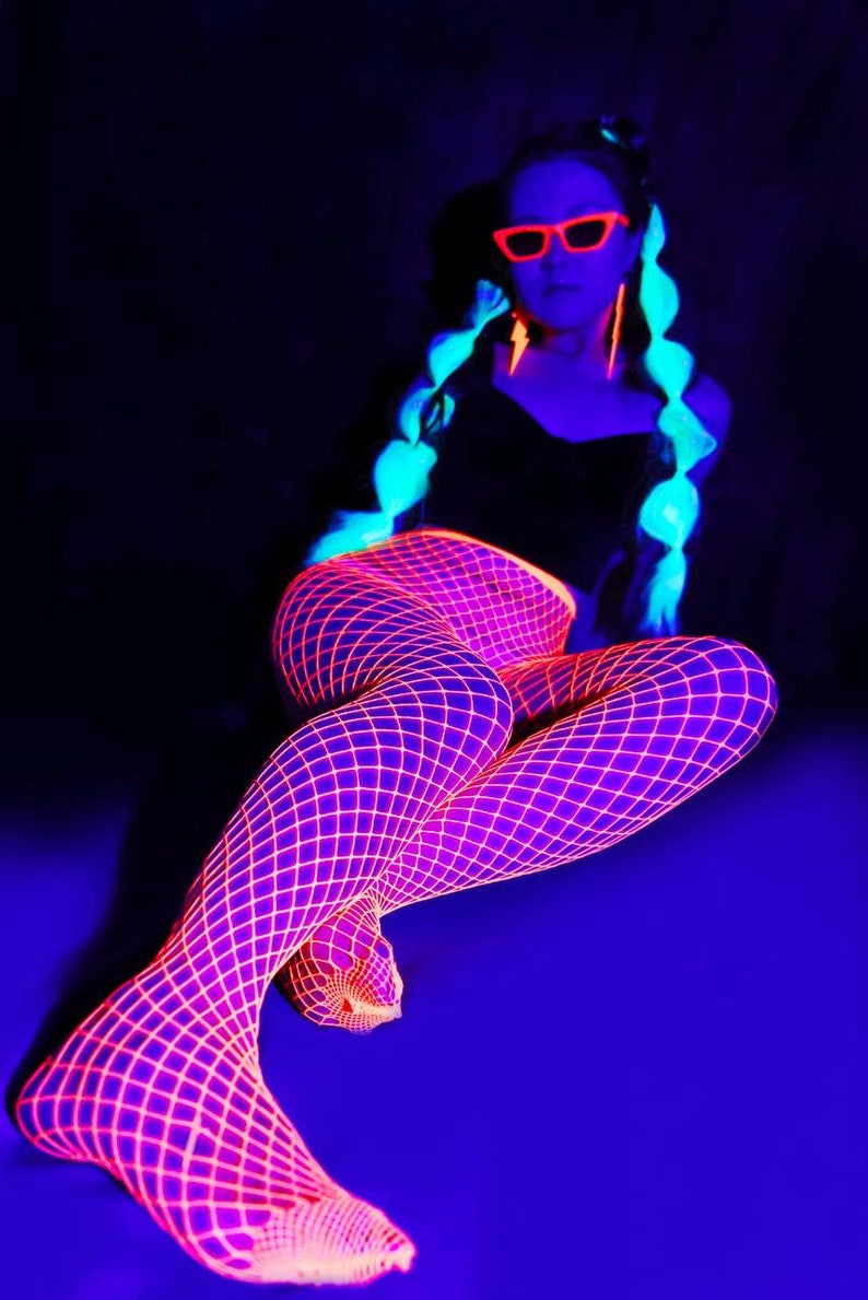 Glow ACID Fishnet Tights. Neon Layer Stockings. Rave y2k Pantyhose. Cosplay Party, Carnival Diamond Hosiery Tights UV Blacklight Fluorescent image 4