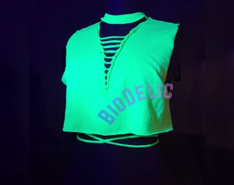 Party Green Glow in the Dark Crop Top, Rave Outfit, UV reactive Festival Clothing Woman, Braided t-shirt Blacklight sexy tee, cut off mesh