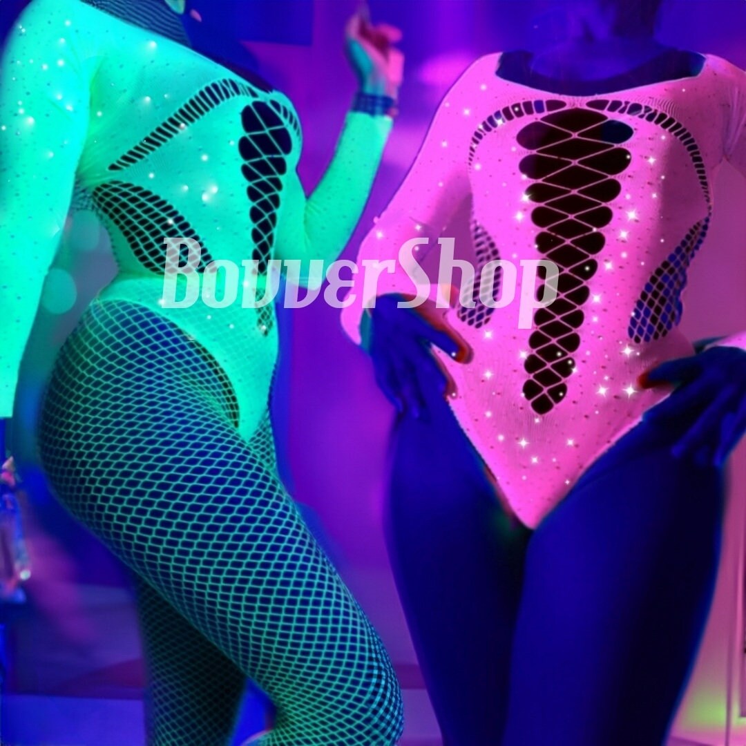 Glow Black Light Halter Bodysuit W-open Sides Neon Pink L-xl