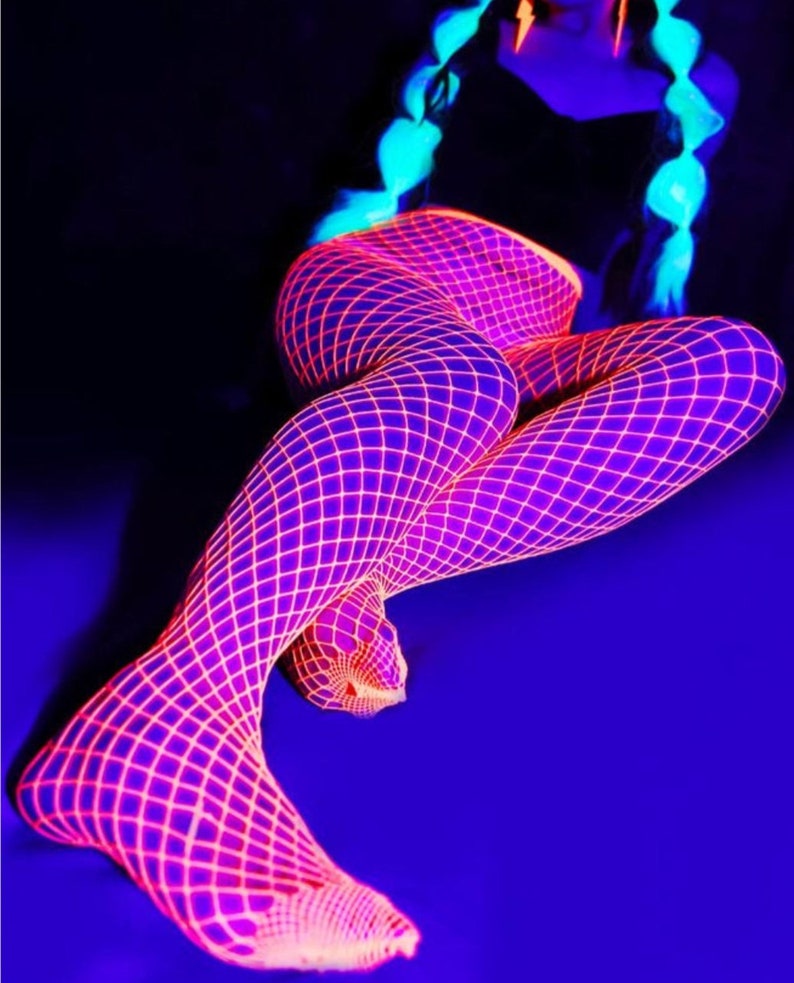 Rave Outfit ACID Glow in the Dark fishnet tights. Neon stockings Cosplay Festival Pantyhose. Tights UV blacklight Fluorescent fishnet outfit Orange Mid Diamond