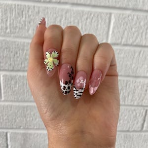 Summer animal/flower print, cheetah print, Press On Nails, animal print, 3D nail design, 3D flowers, summer nails, French tip, Y2K nails