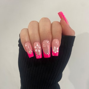 Pink Hibiscus Flower Press On Nails, Press On Nails, Hot Pink,French Tip Nails,Pink Nails,Flower nails,square nails,summer nails