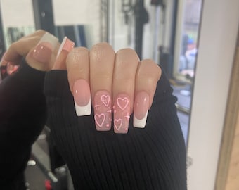 Handmade 3D Heart French Tip Press On Nails, Valentine's Day Nails
