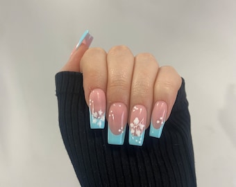 Handmade Baby Blue Hibiscus French Tip Press On Nails, Square