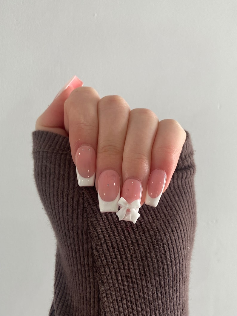 Handmade Bow French Tip Press On Nails image 1
