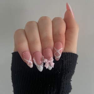 Pink coquette nails, french tip, Press On Nails, Cute Trendy Nails, Press On Nails, pink Nails, French tip, pink bow nails, coquette nails