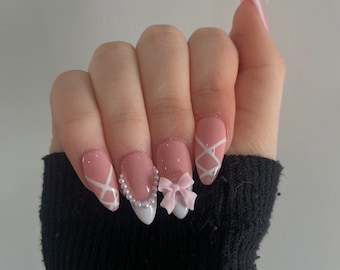 Pink coquette nails, french tip, Press On Nails, Cute Trendy Nails, Press On Nails, pink Nails, French tip, pink bow nails, coquette nails