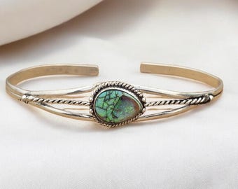 Natural Monarch Opal Cuff Bracelet, 925 Sterling Silver Boho Bangle, Vibrant Green Fire Stone Jewelry, Adjustable Artisan Gift for Her